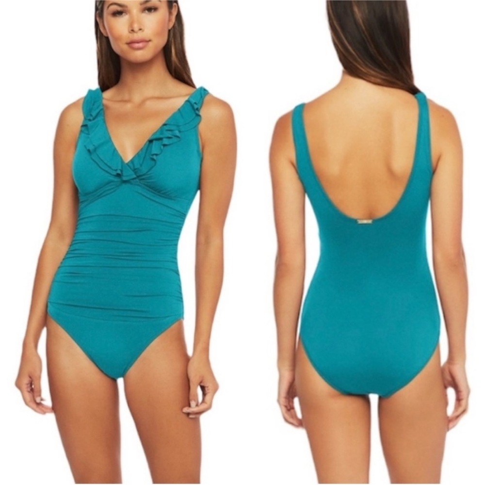 Ralph Lauren Blue One-Piece Swimsuit V-Neck Ruched